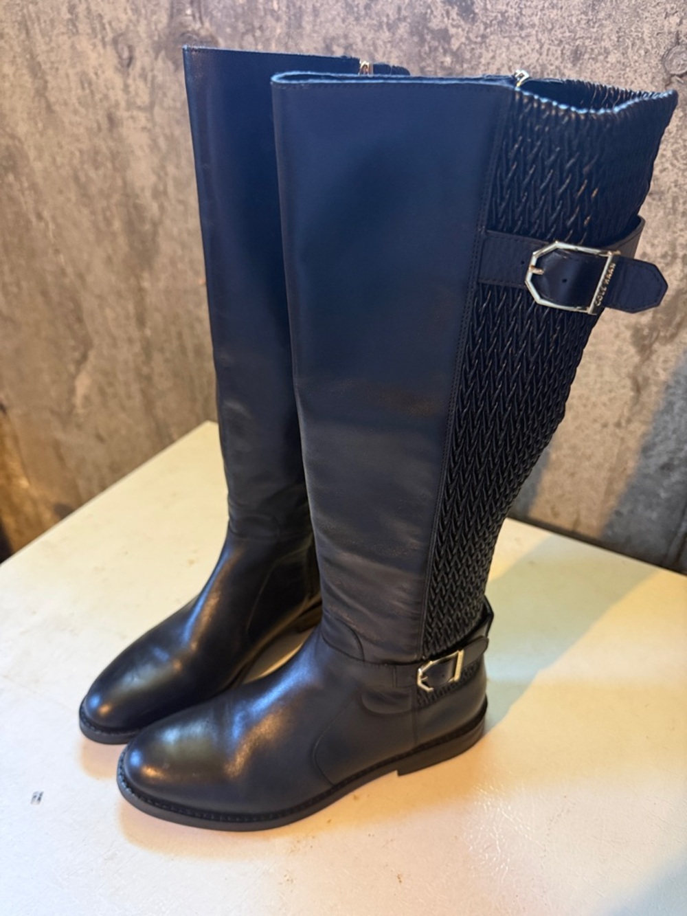 Cole Haan Black Over-the-Knee Riding Boots with Woven Rear Panel and Buckles